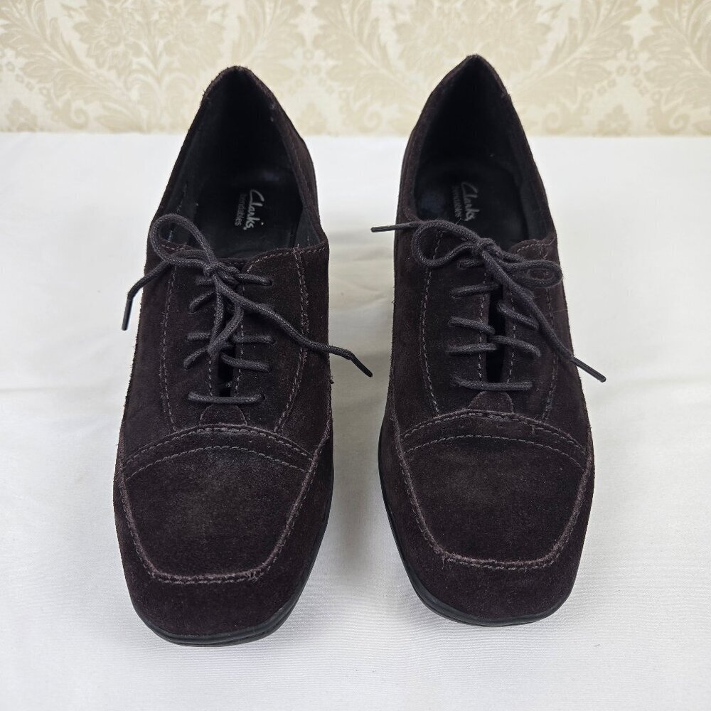 Clarks Bendables Size 9.5M Chocolate Brown Heeled Lace Up Loafers 1/2" Platform